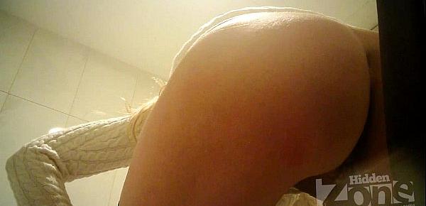  Beautiful blonde in toilet shaved pussy and anus closeups.